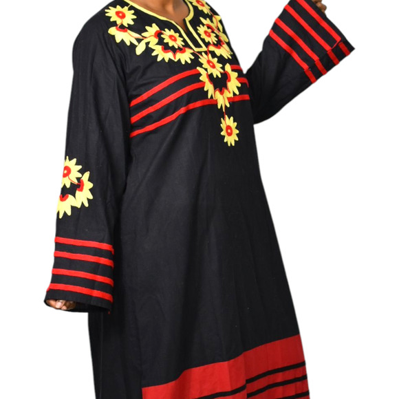 Egyptian Embroidered Caftan Dress Black Long Sleeve Cover Up Tunic Floral Large - Picture 11 of 15
